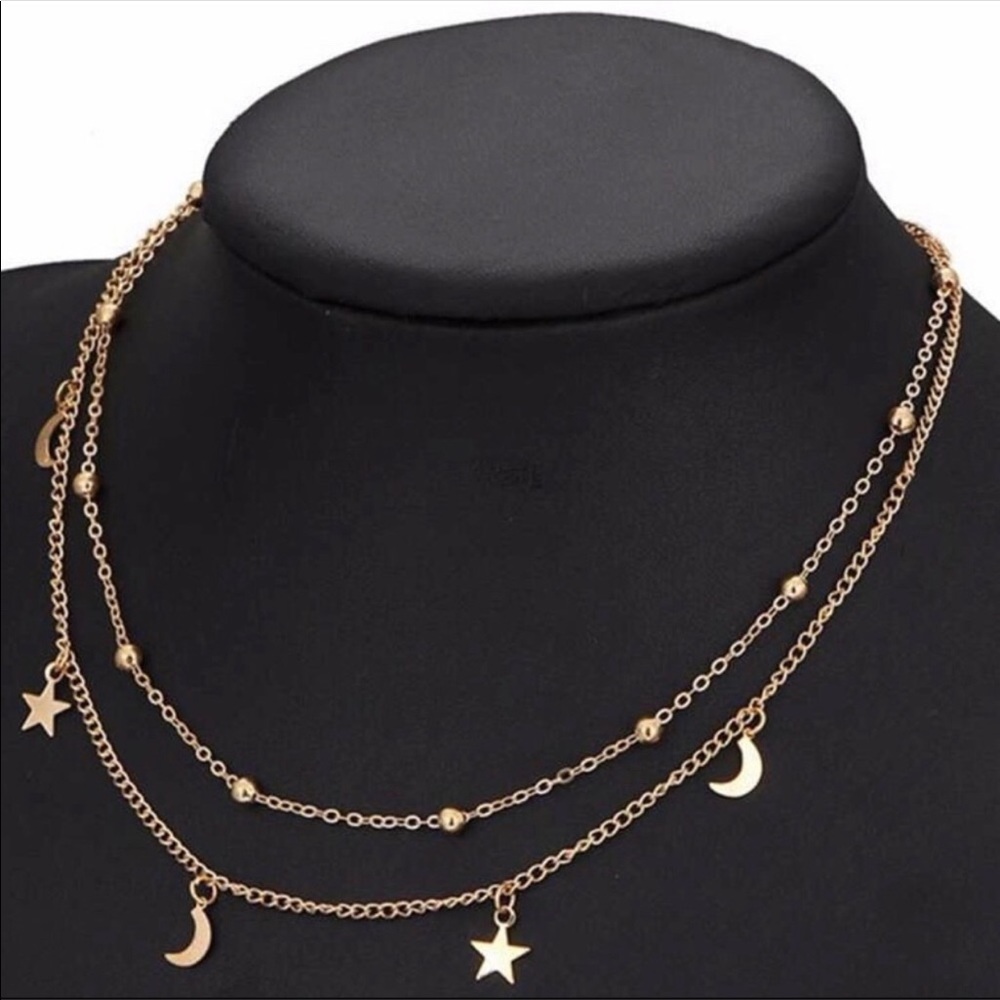 GOLD STAR MOON DAINTY CHOKER LAYERED NECKLACE